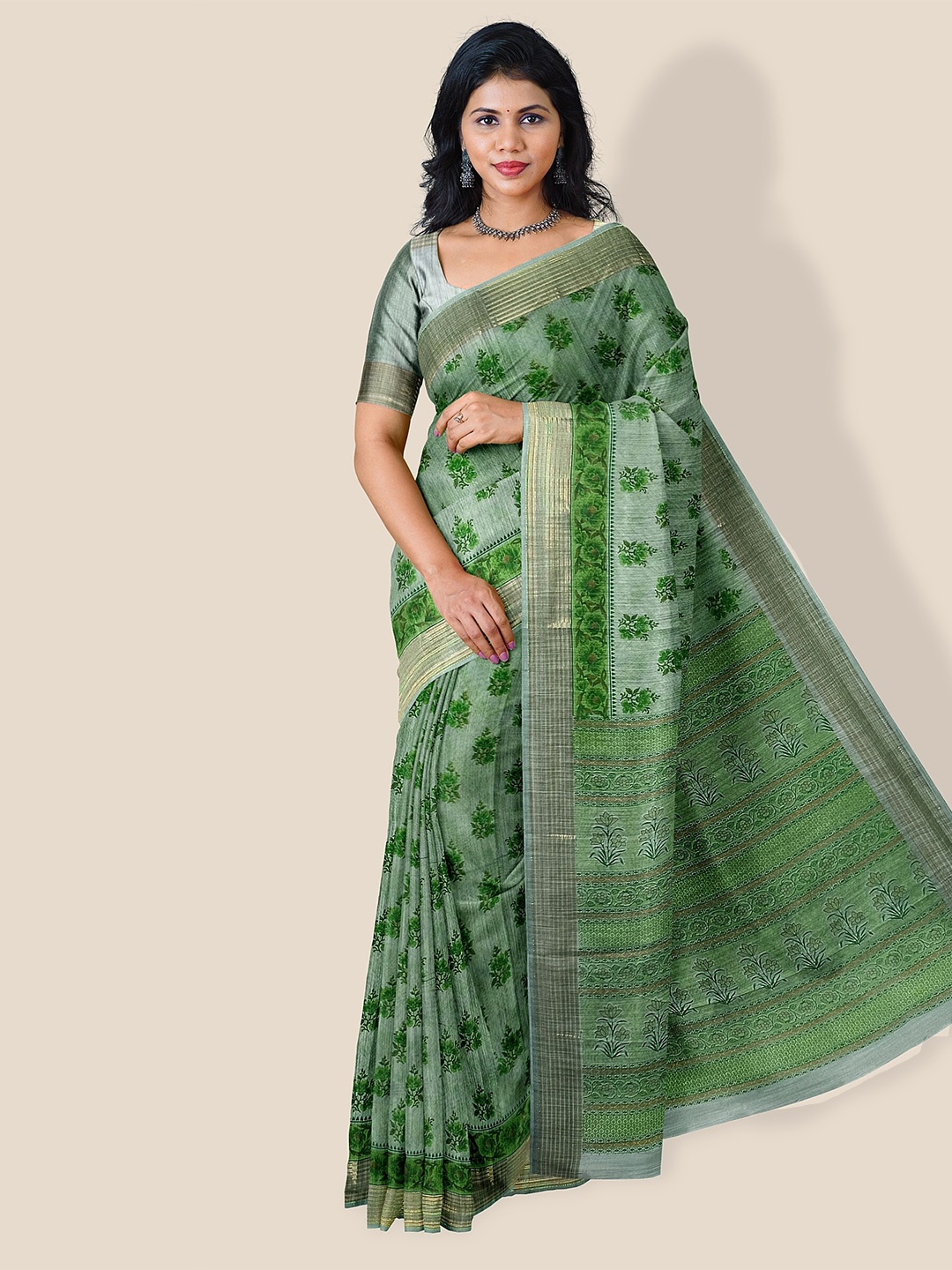 

The Chennai Silks Floral Printed Zari Pure Cotton Saree, Green