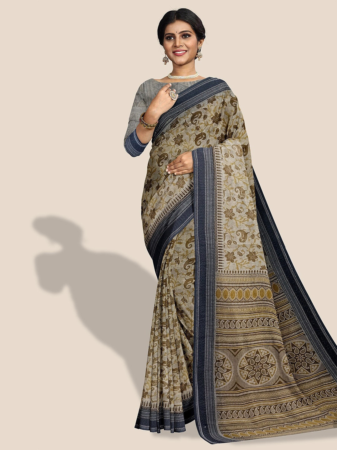 

The Chennai Silks Paisley Printed Pure Cotton Saree, Beige