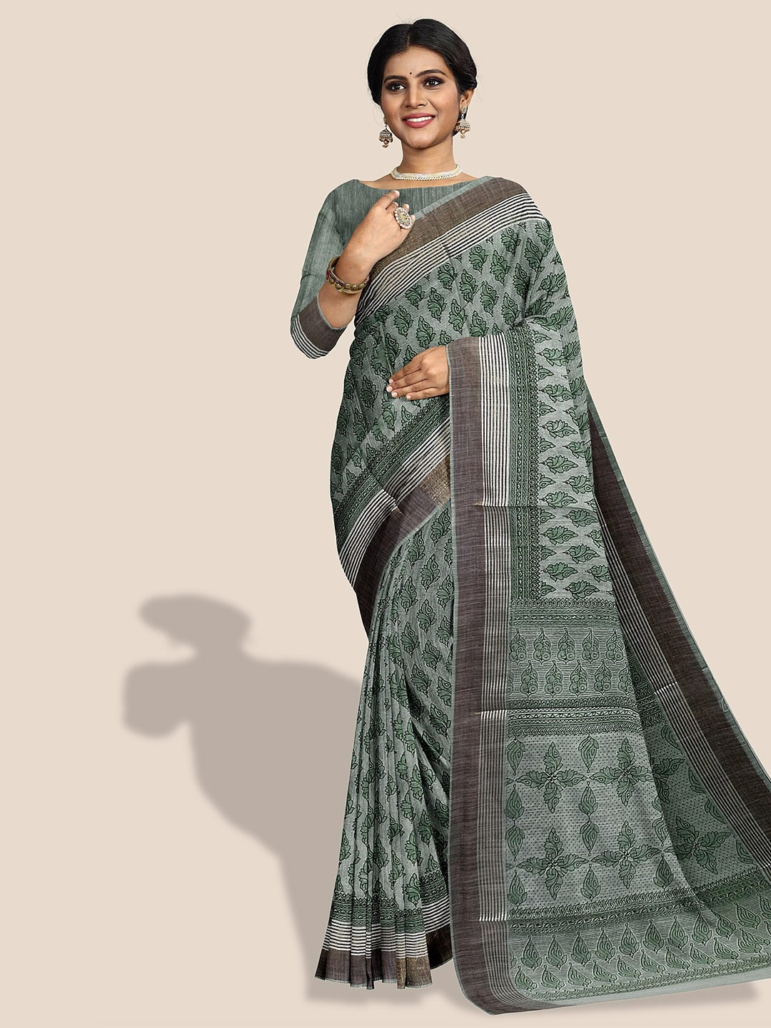 

The Chennai Silks Floral Printed Zari Pure Cotton Saree, Green