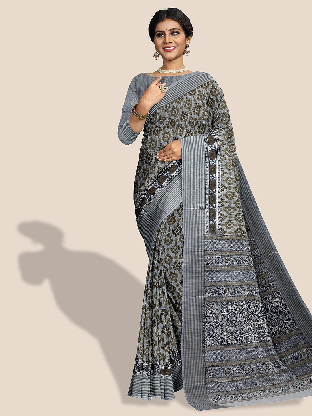 

The Chennai Silks Ethnic Printed Motif Pure Cotton Saree, Grey
