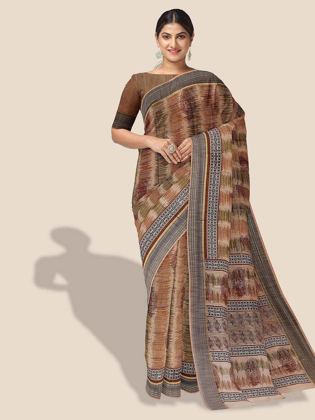 

The Chennai Silks Paisley Printed Pure Cotton Saree, Beige
