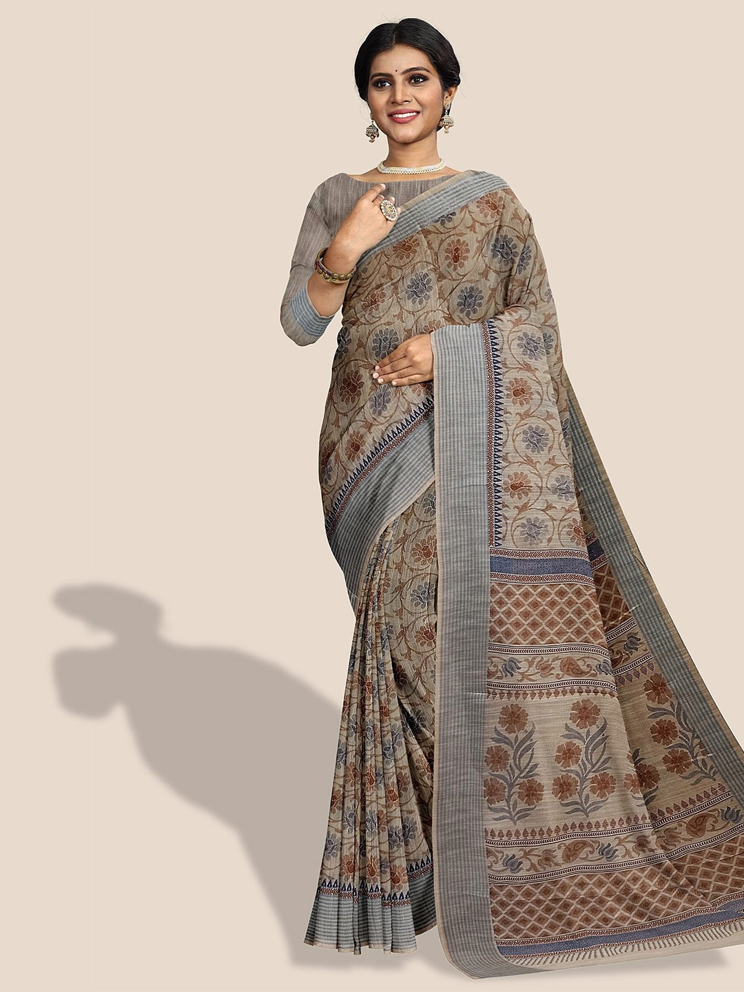 

The Chennai Silks Floral Printed Pure Cotton Saree, Beige