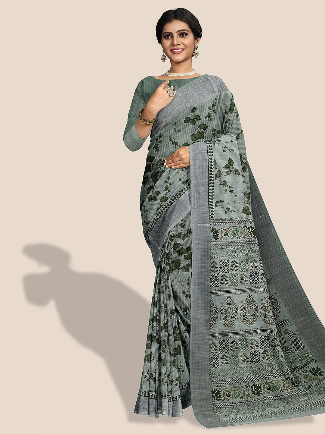 

The Chennai Silks Floral Printed Pure Cotton Saree, Green