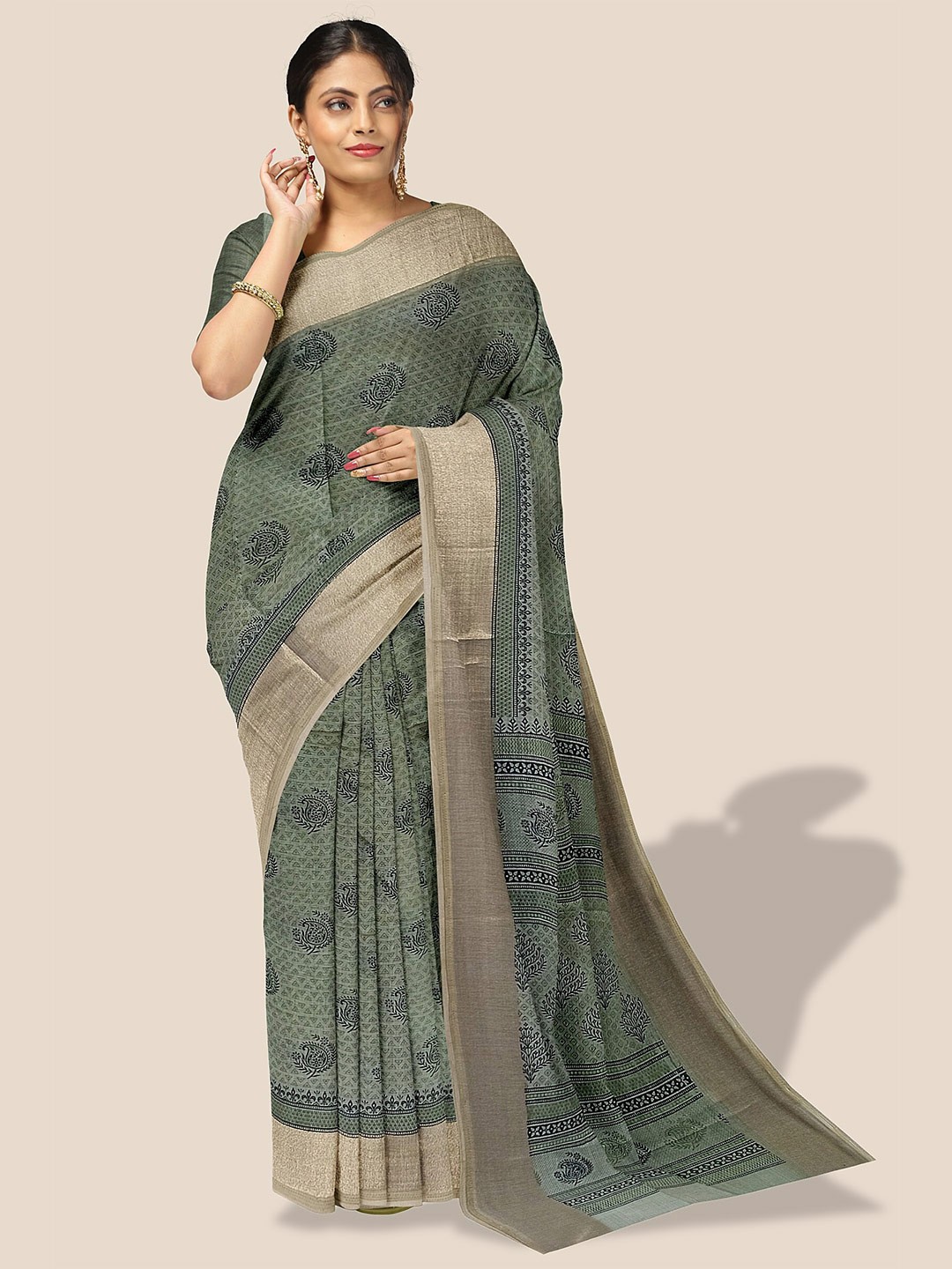 

The Chennai Silks Paisley Printed Pure Cotton Saree, Green