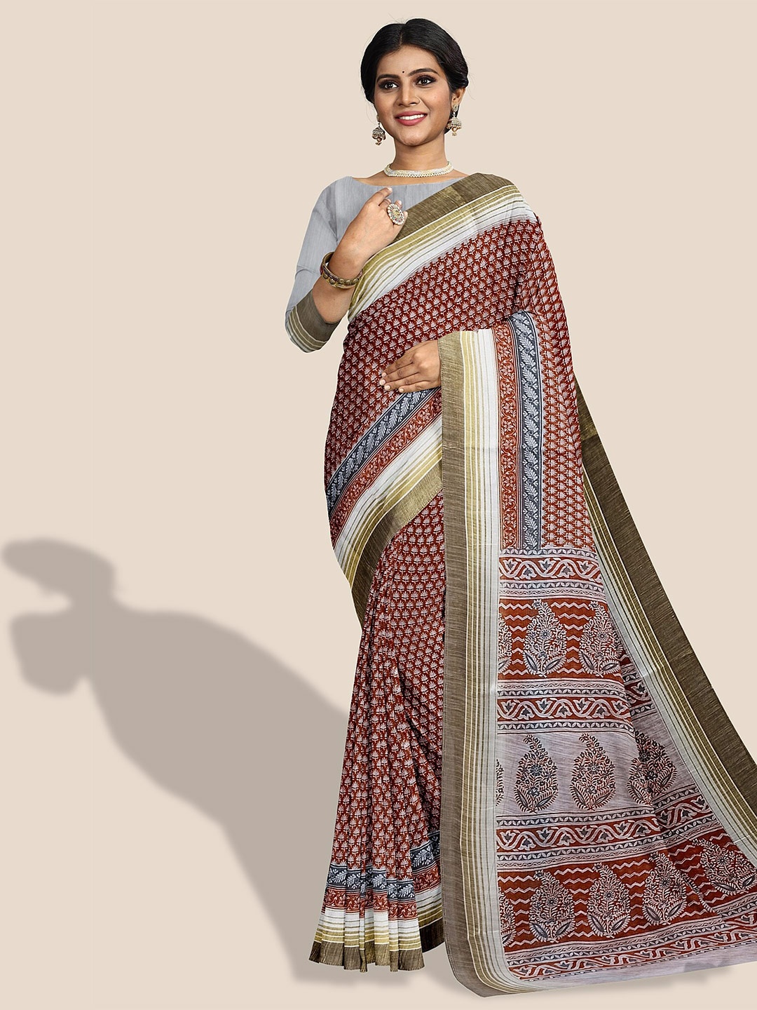 

The Chennai Silks Paisley Printed Pure Cotton Saree, Rust