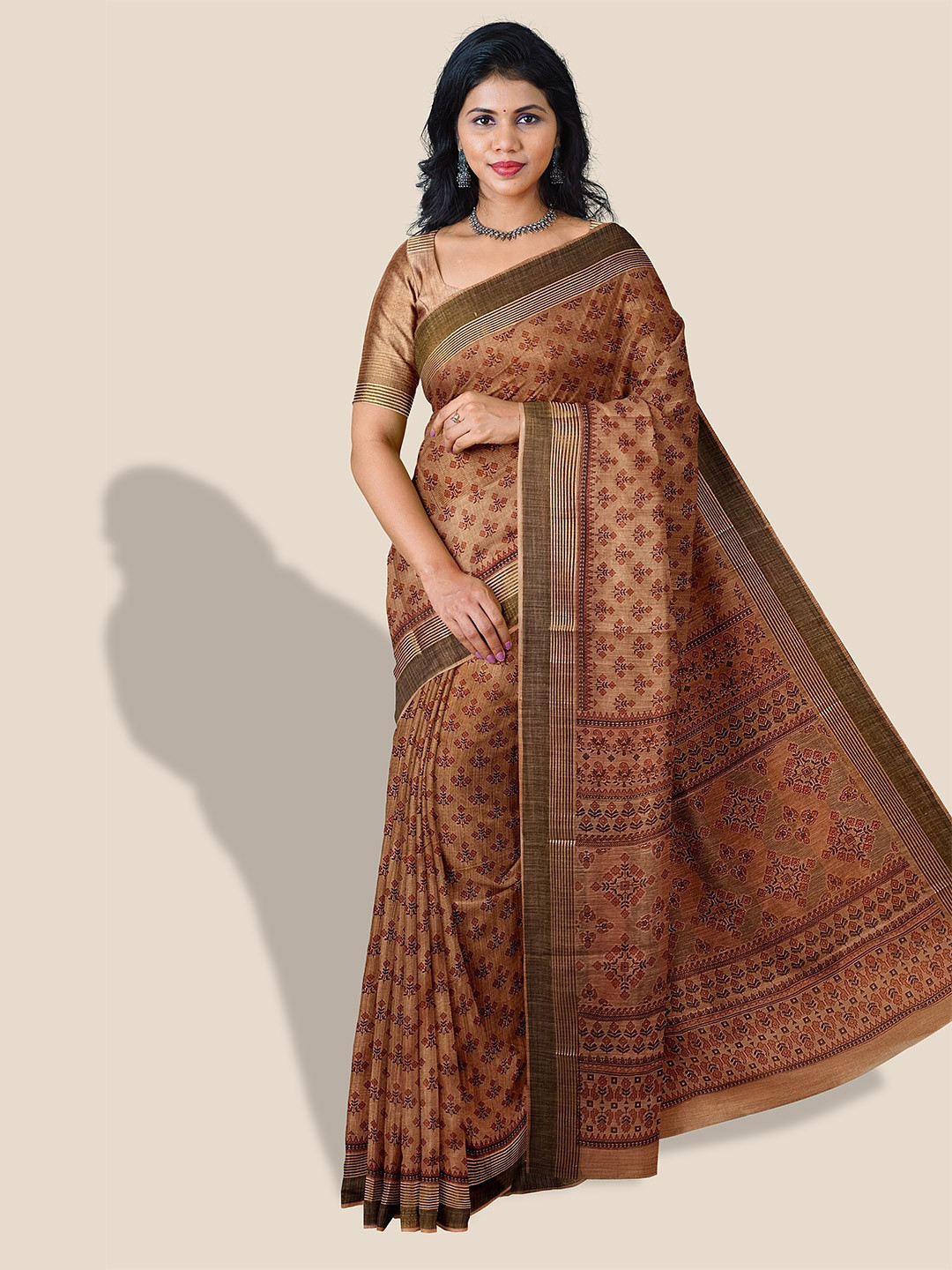

The Chennai Silks Paisley Printed Pure Cotton Saree, Brown