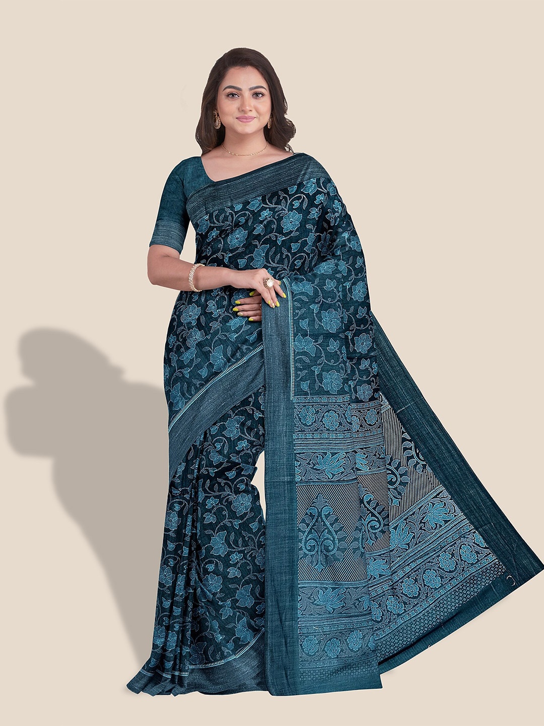 

The Chennai Silks Floral Printed Zari Pure Cotton Saree, Teal