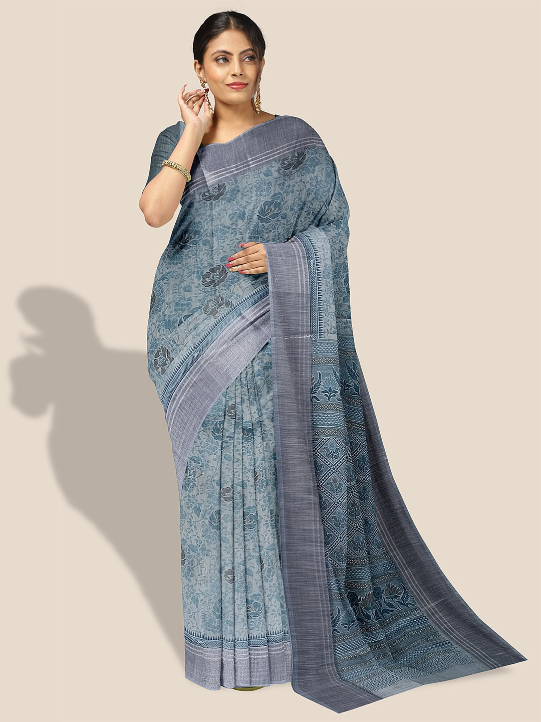 

The Chennai Silks Floral Printed Striped Bordered Pure Cotton Saree, Blue