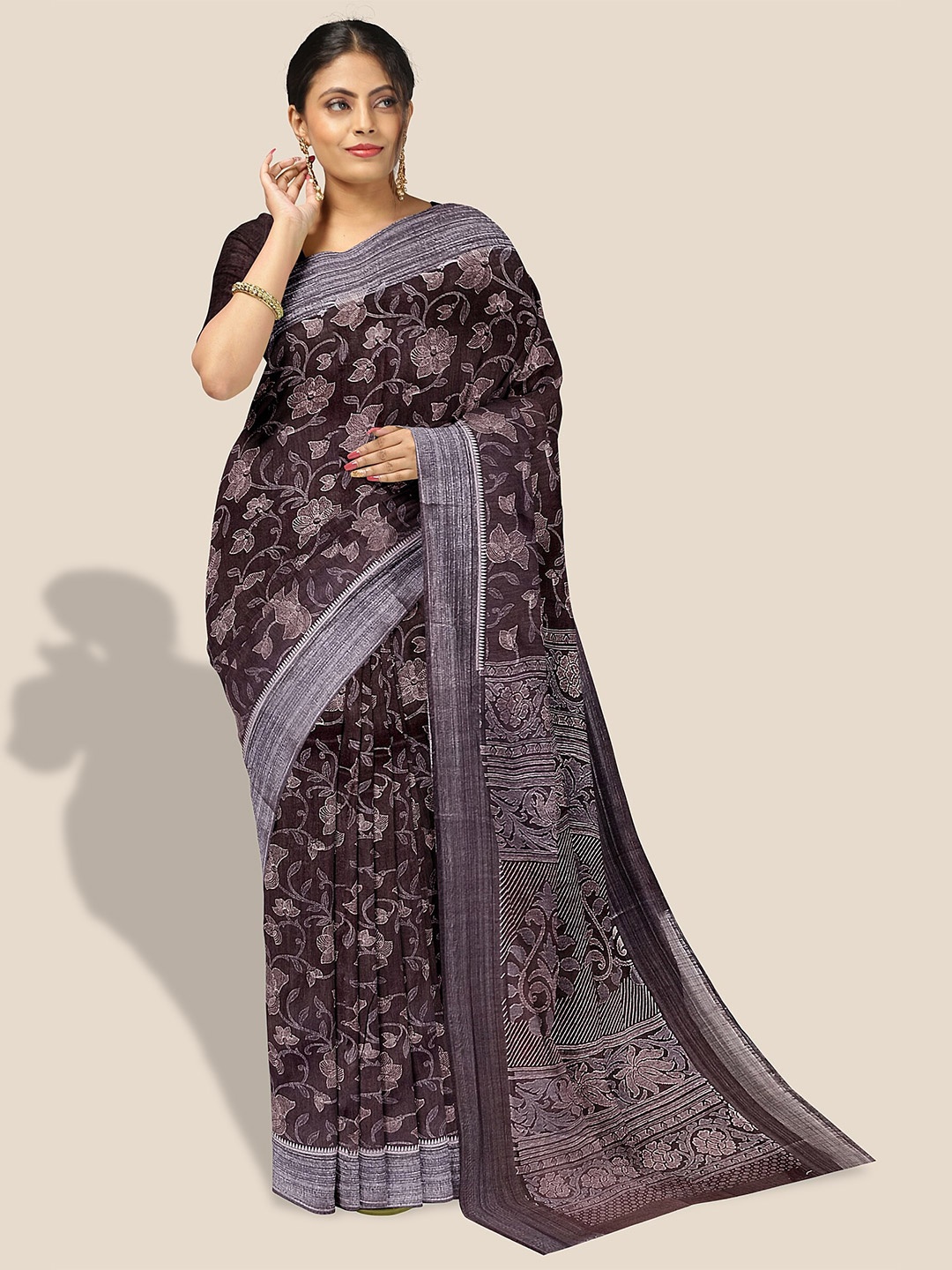 

The Chennai Silks Floral Printed Striped Bordered Pure Cotton Saree, Brown