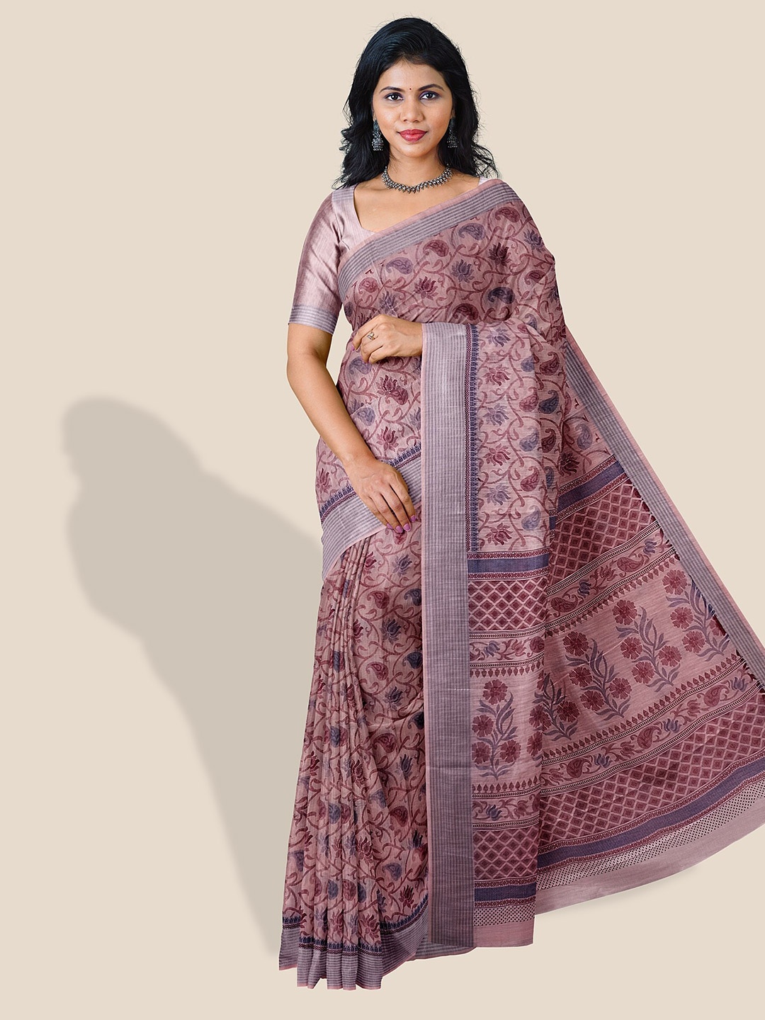 

The Chennai Silks Ethnic Motif Printed Striped bordered Pure Cotton Saree, Burgundy