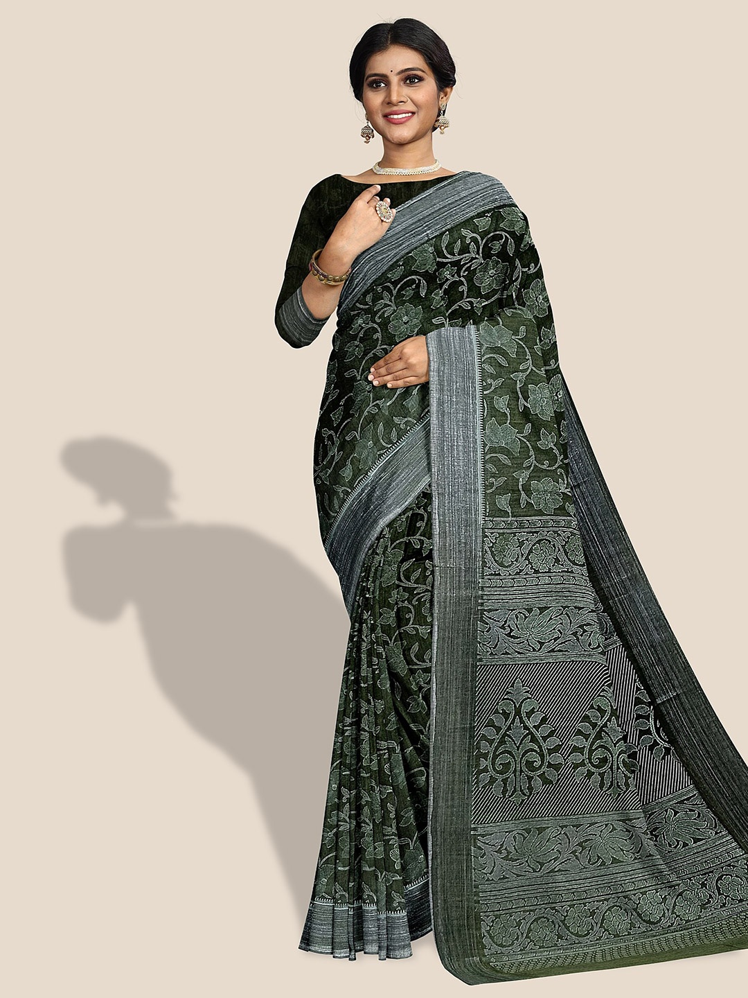 

The Chennai Silks Floral Printed Striped bordered Pure Cotton Saree, Green