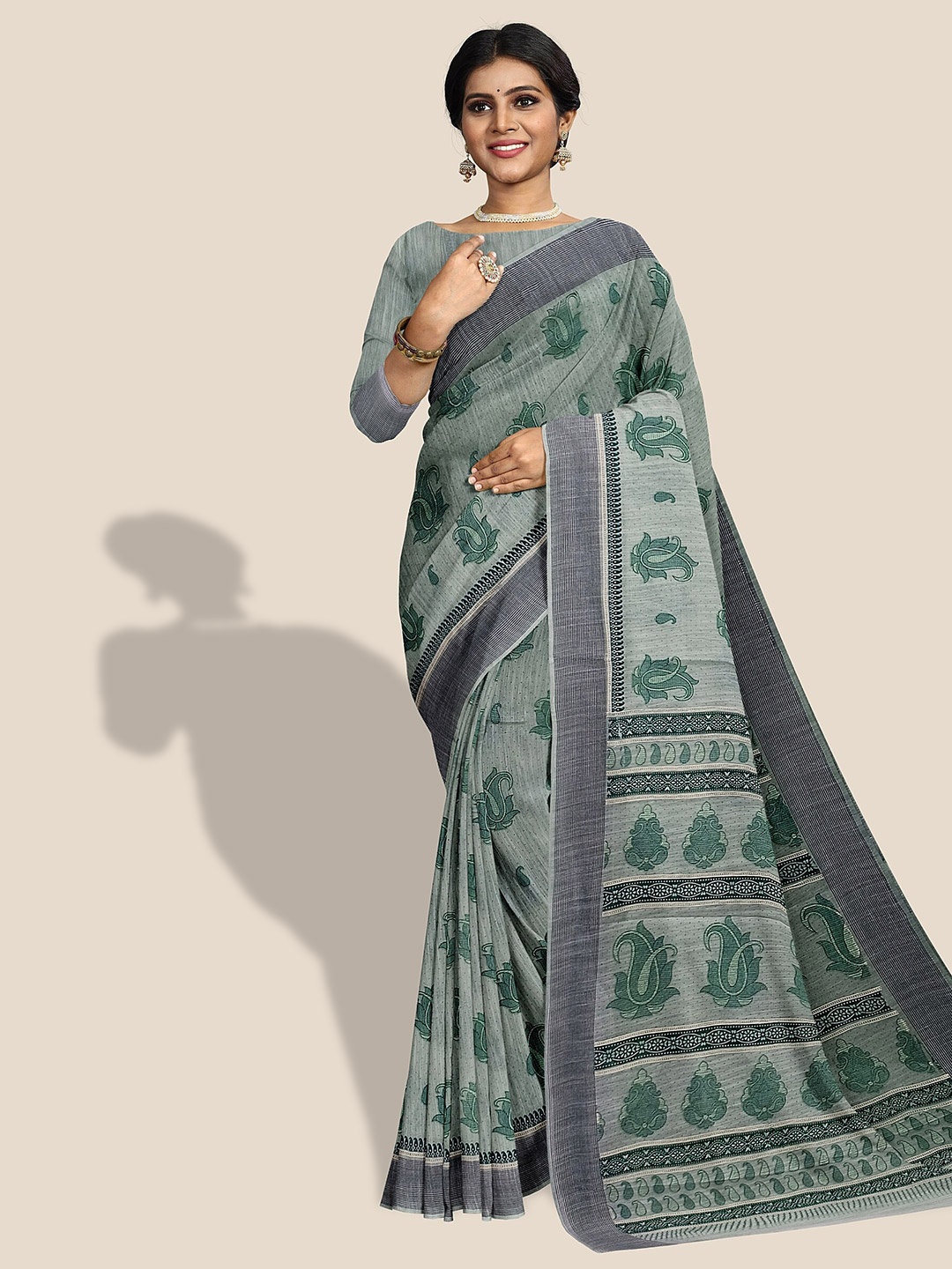 

The Chennai Silks Paisley Printed Striped bordered Pure Cotton Saree, Grey