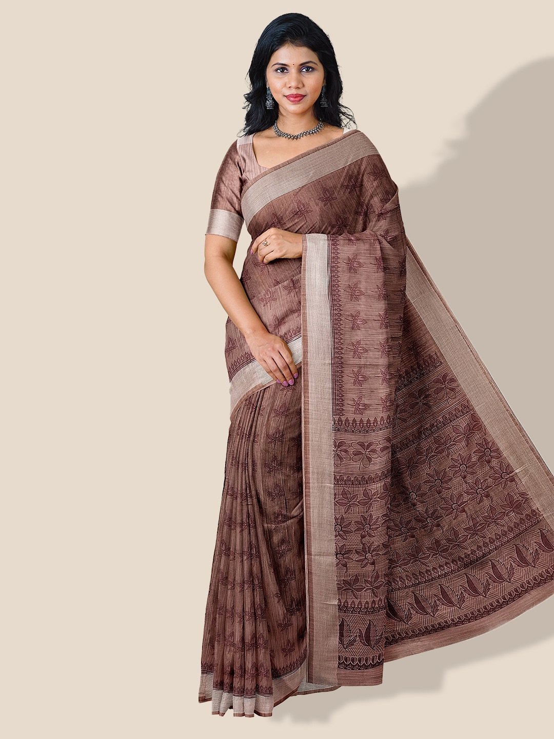 

The Chennai Silks Floral Printed Pure Cotton Saree, Brown