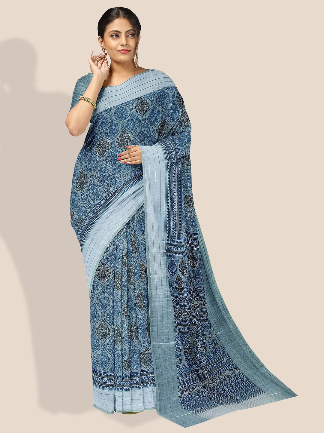 

The Chennai Silks Ethnic Motif Printed Striped Zari Bordered Pure Cotton Saree, Blue