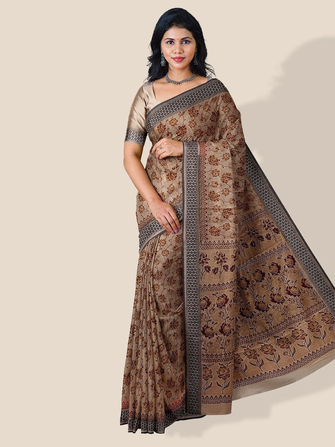 

The Chennai Silks Floral Printed Pure Cotton Saree, Beige