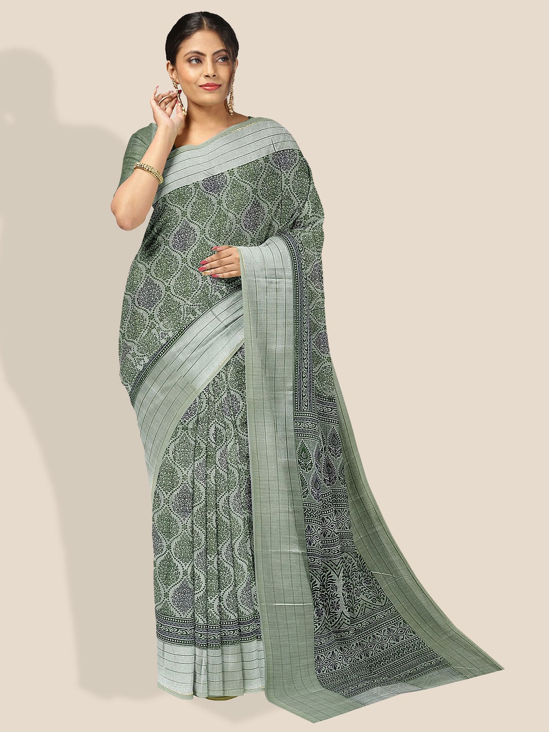 

The Chennai Silks Ethnic Motif Printed Striped Zari Bordered Pure Cotton Saree, Green