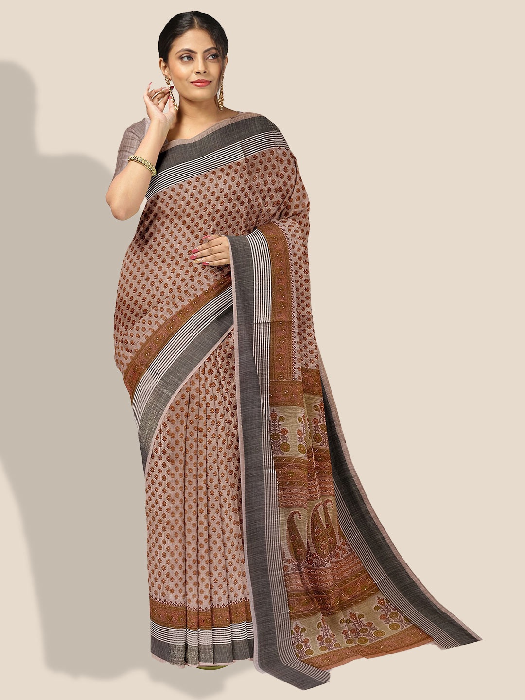 

The Chennai Silks Floral Printed Zari Pure Cotton Saree, Beige
