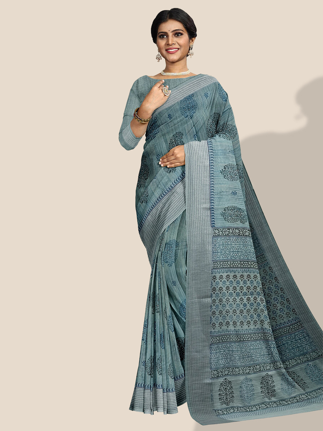 

The Chennai Silks Paisley Printed Pure Cotton Saree, Blue