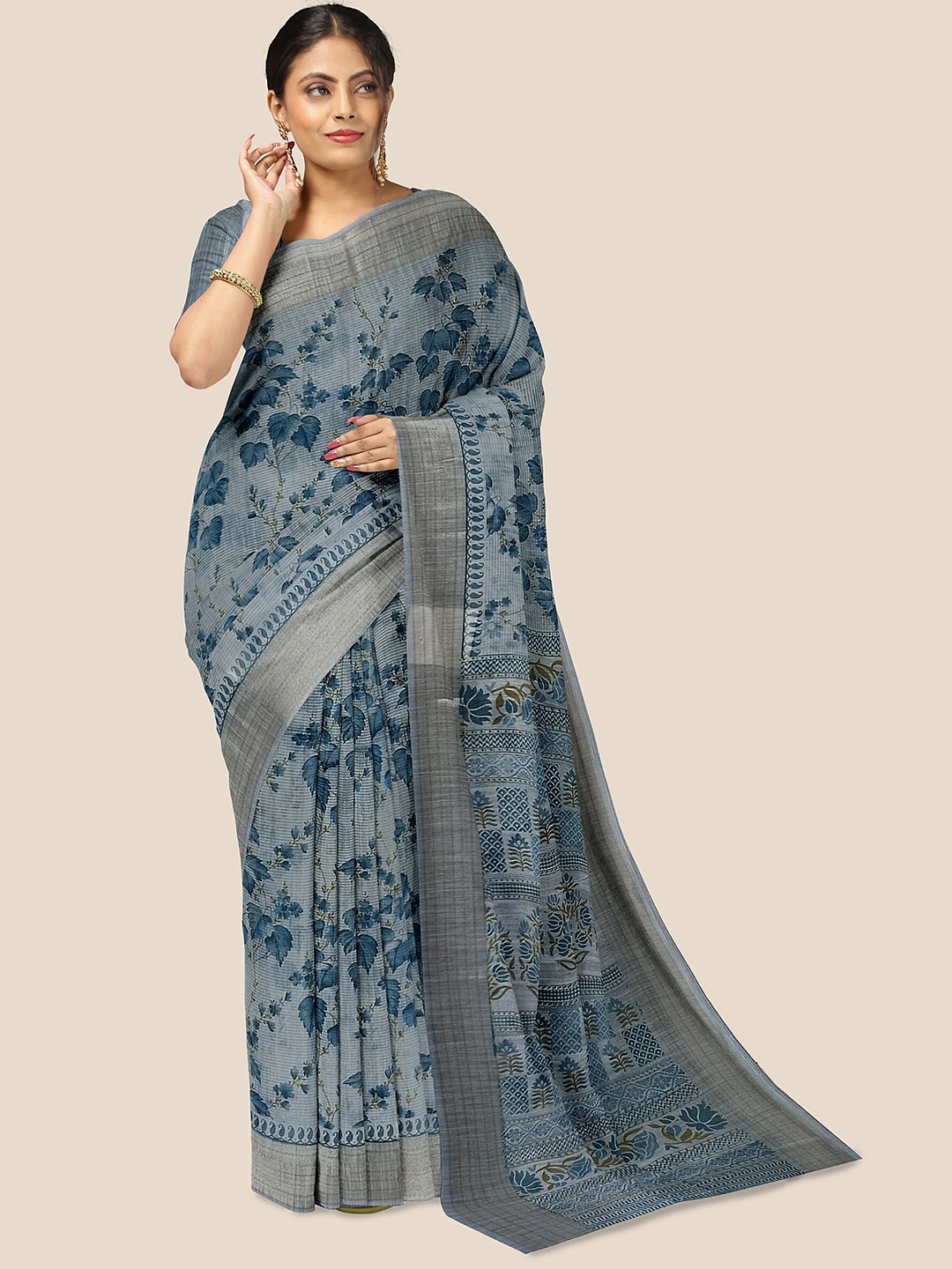 

The Chennai Silks Floral Printed Zari Pure Cotton Saree, Blue