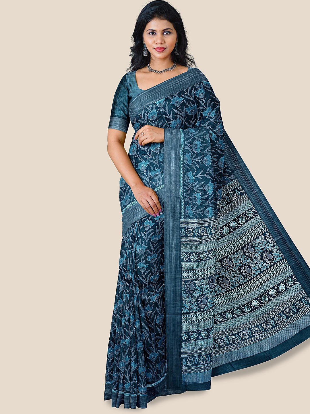 

The Chennai Silks Floral Printed Pure Cotton Saree, Blue