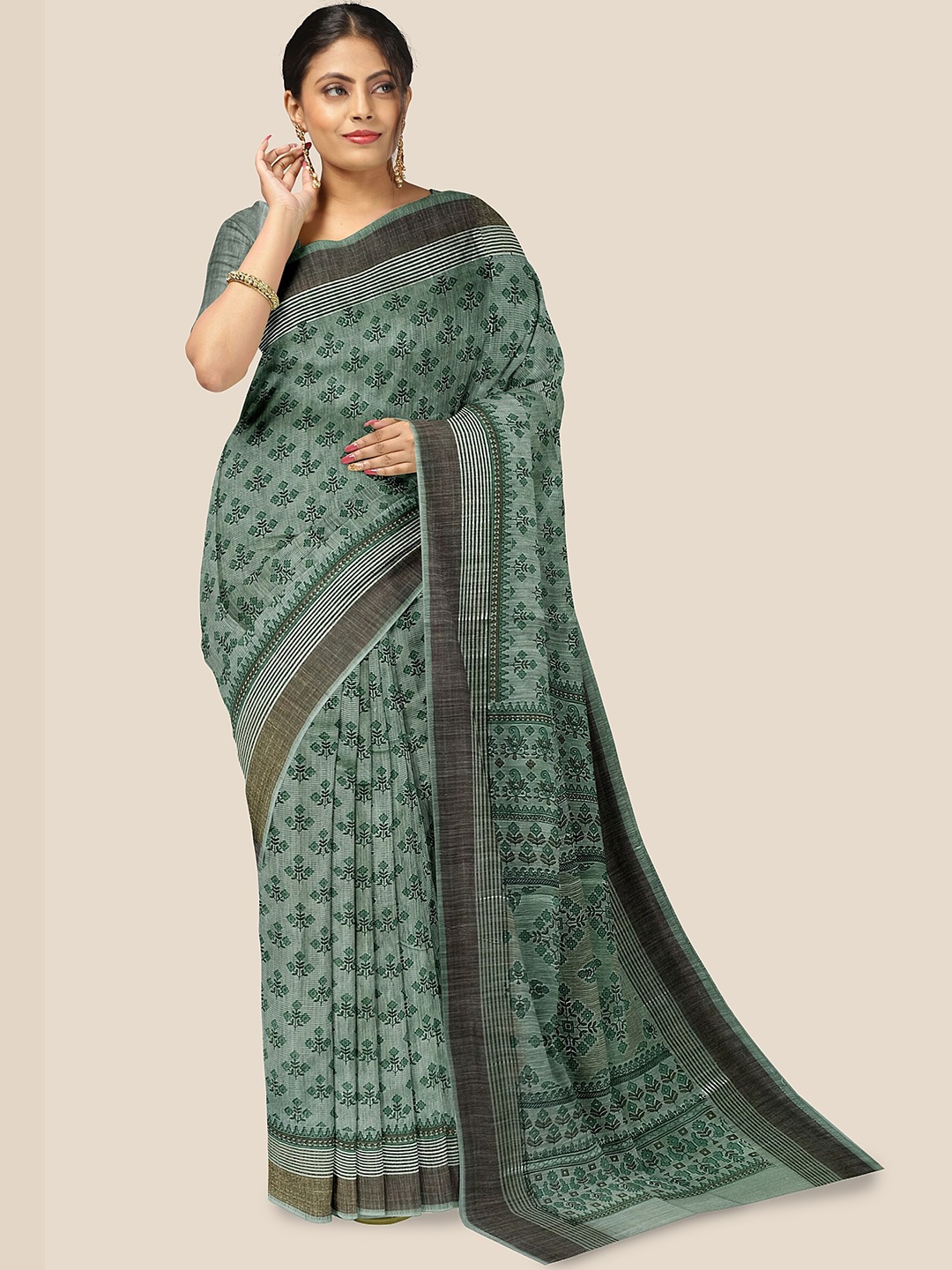 

The Chennai Silks Floral Printed Pure Cotton Saree, Green