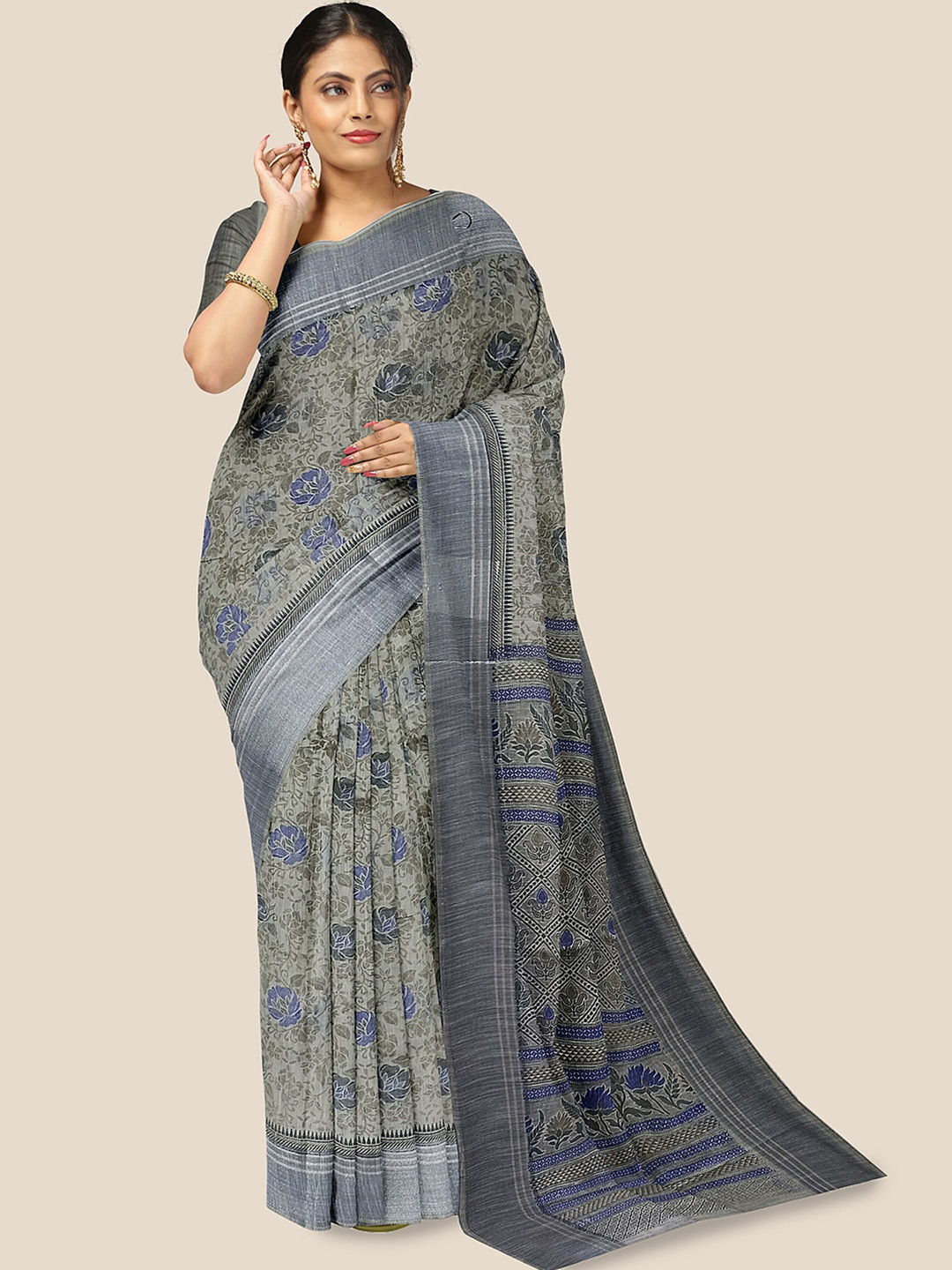 

The Chennai Silks Floral Printed Zari Pure Cotton Saree, Grey