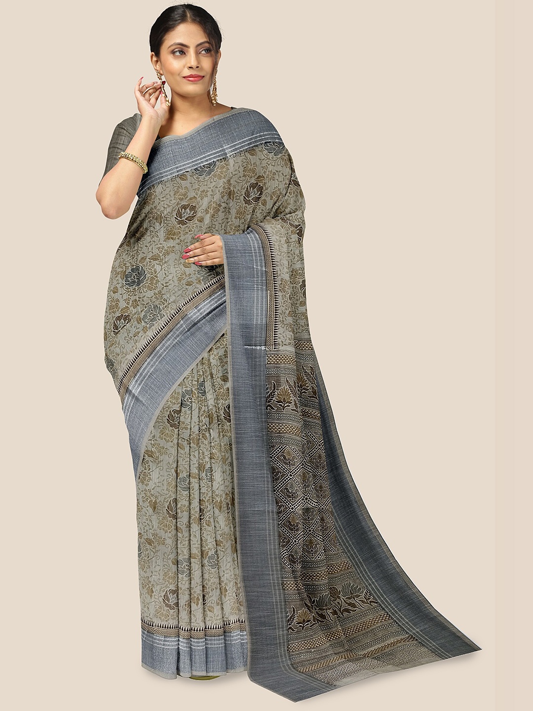 

The Chennai Silks Floral Printed Pure Cotton Saree, Beige