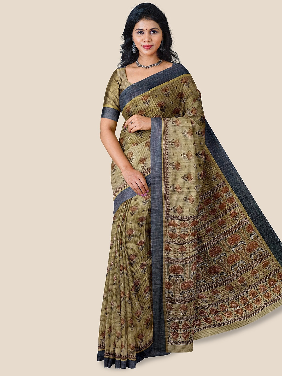 

The Chennai Silks Floral Printed Pure Cotton Saree, Beige