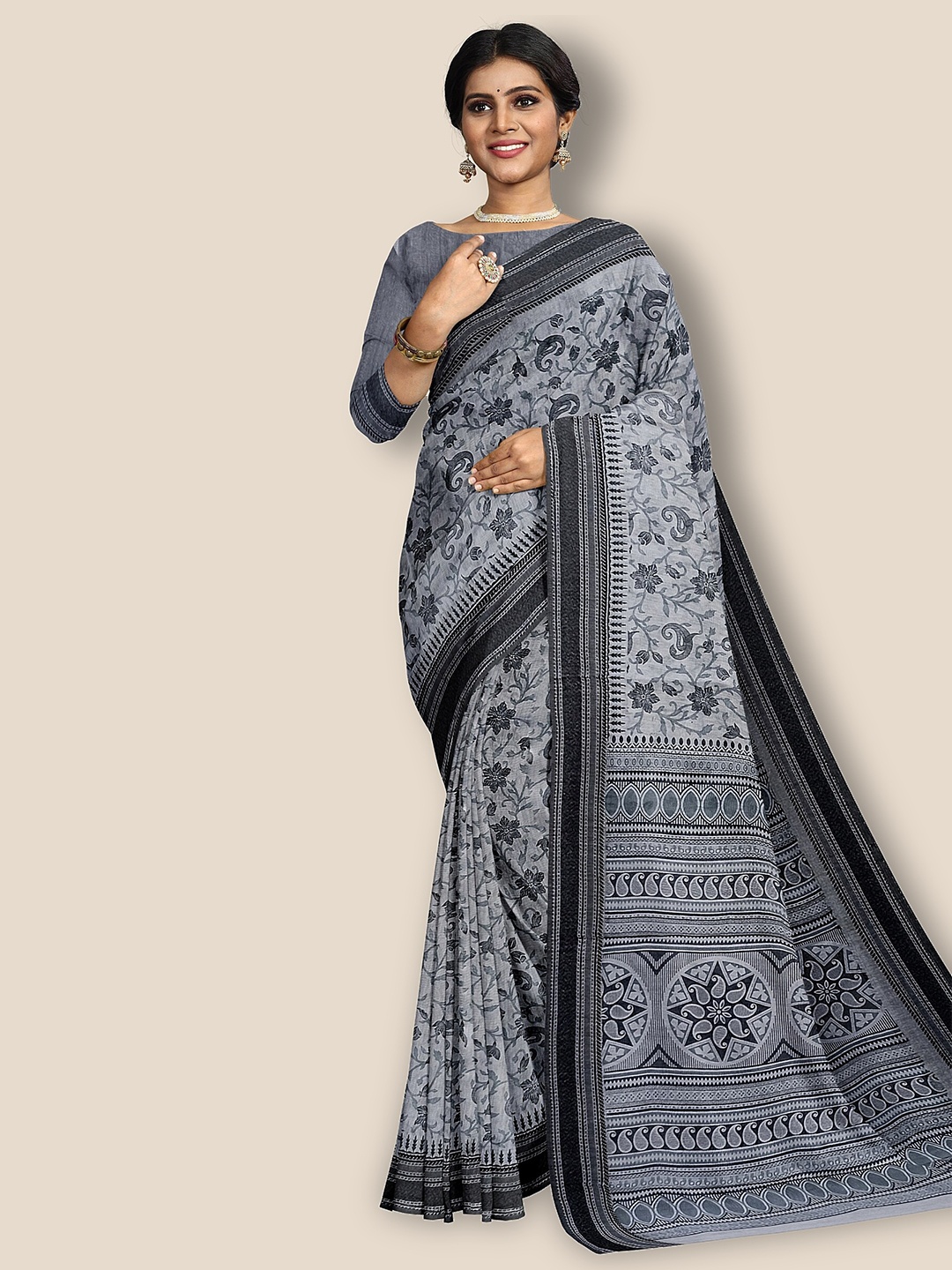 

The Chennai Silks Paisley Printed Pure Cotton Saree, Grey