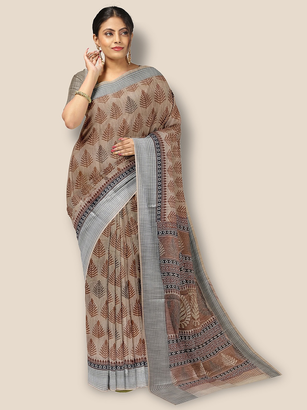 

The Chennai Silks Floral Printed Pure Cotton Saree, Brown