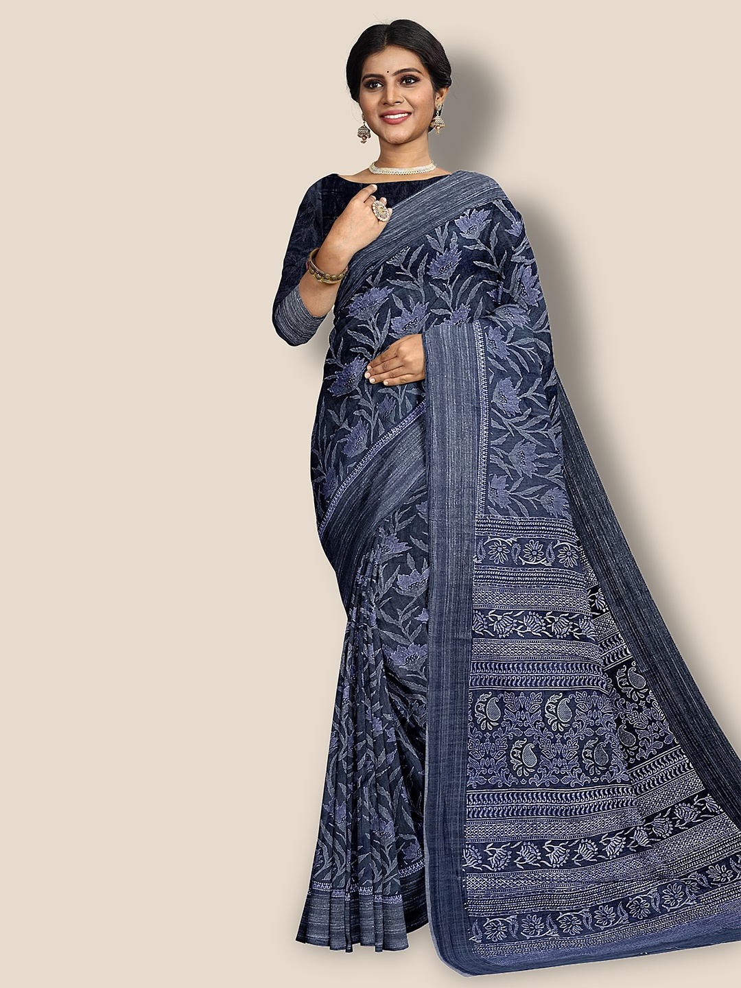 

The Chennai Silks Floral Printed Pure Cotton Saree, Navy blue