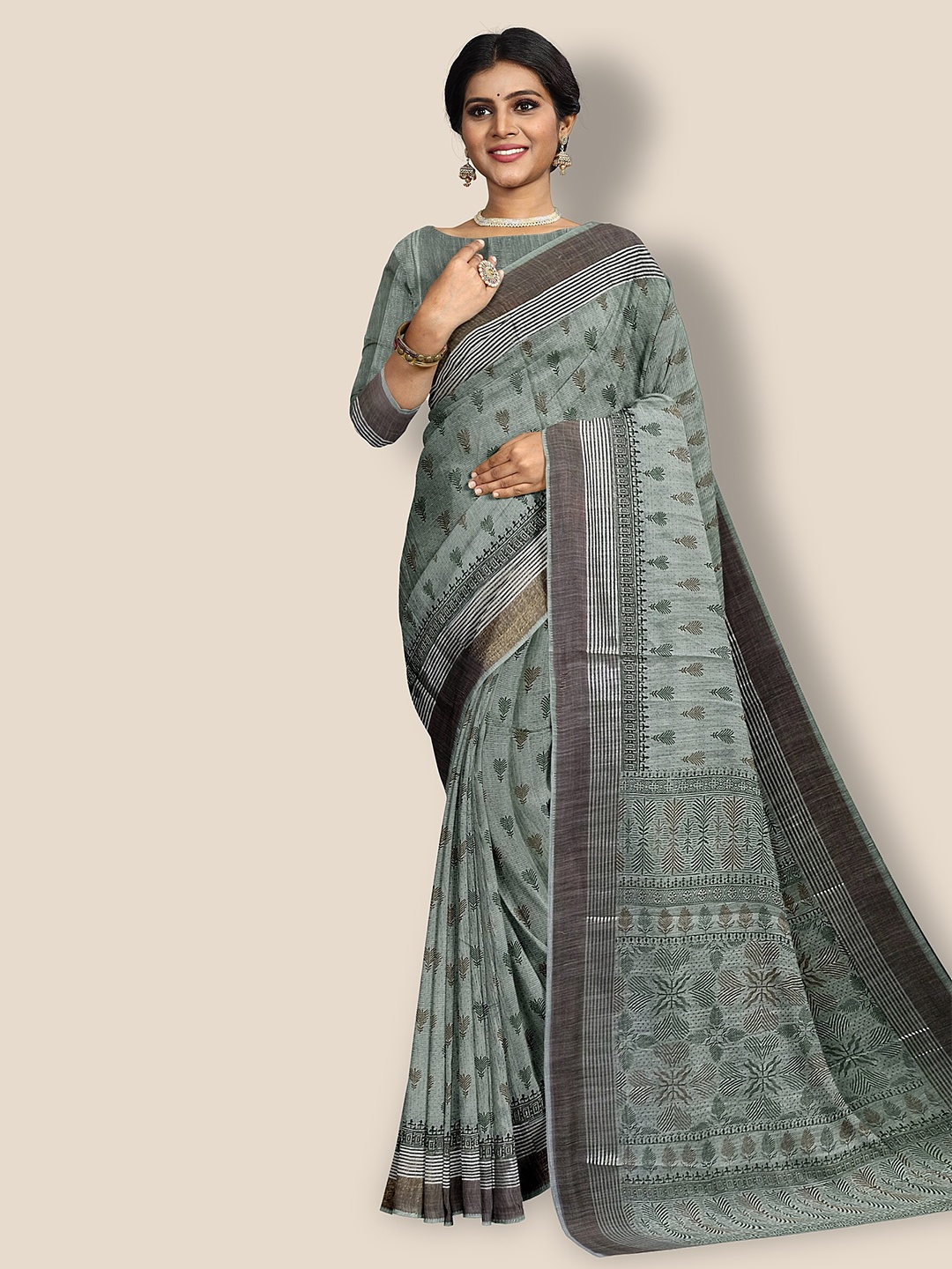 

The Chennai Silks Floral Printed Zari Pure Cotton Saree, Green