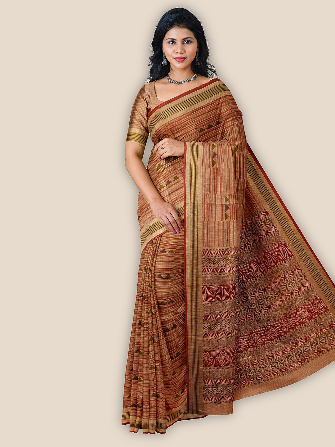 

The Chennai Silks Geometric Printed Pure Cotton Saree, Peach