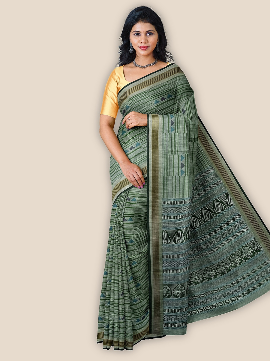 

The Chennai Silks Geometric Printed Pure Cotton Saree, Green