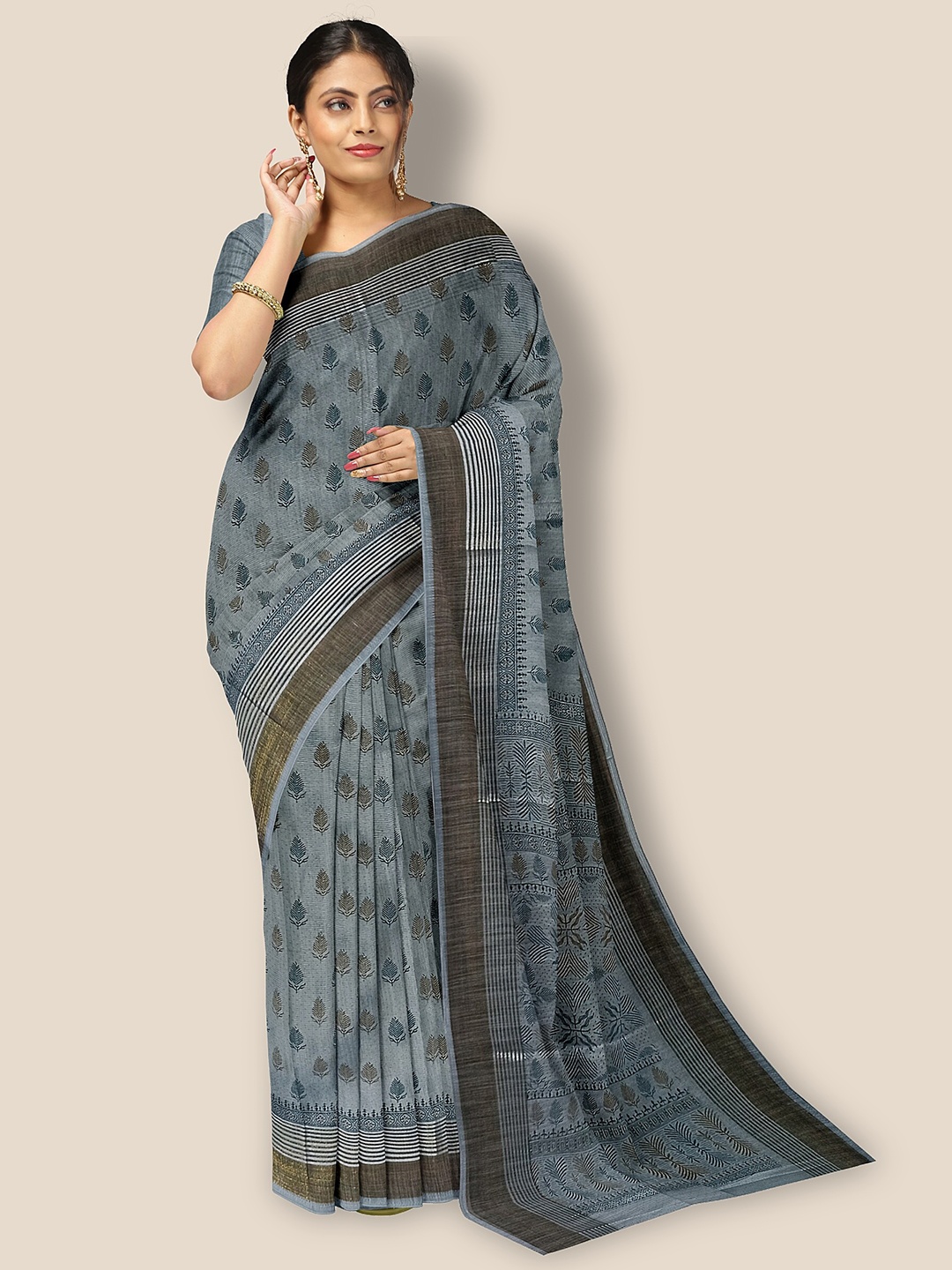 

The Chennai Silks Ethnic Motif Printed Zari Pure Cotton Saree, Grey