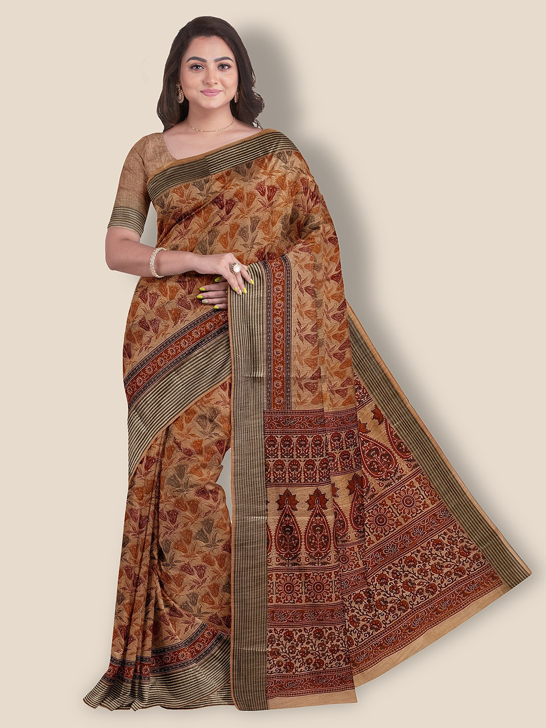 

The Chennai Silks Floral Printed Pure Cotton Saree, Orange