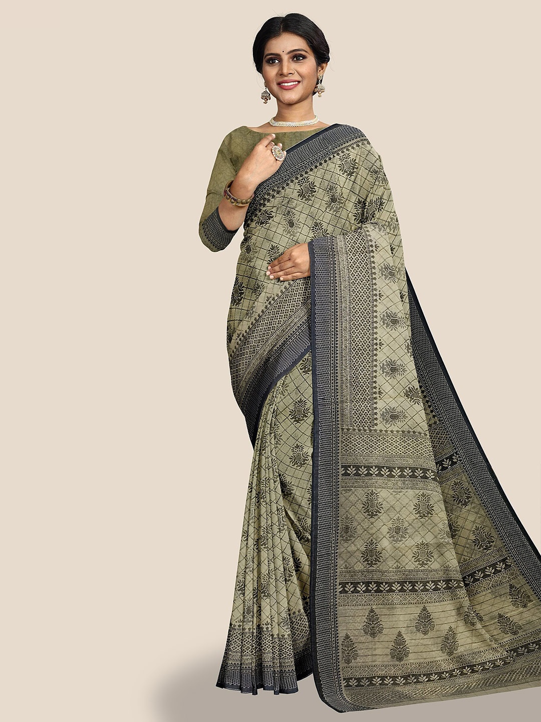 

The Chennai Silks Floral Printed Pure Cotton Saree, Beige