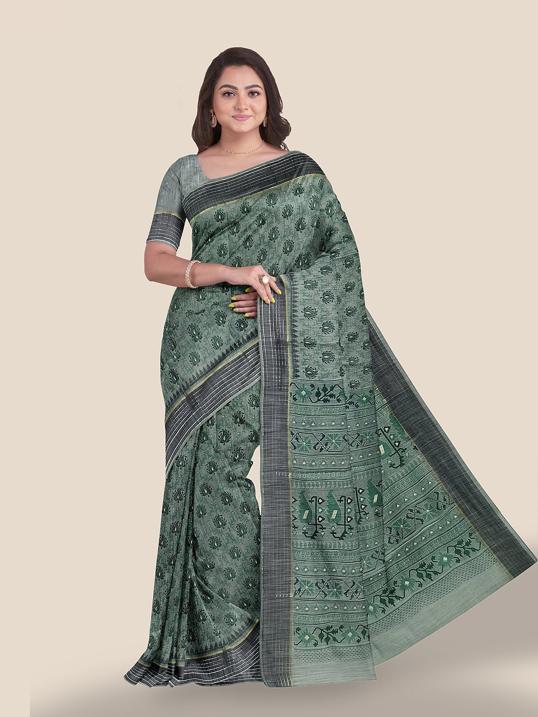 

The Chennai Silks Paisley Printed Pure Cotton Saree, Green