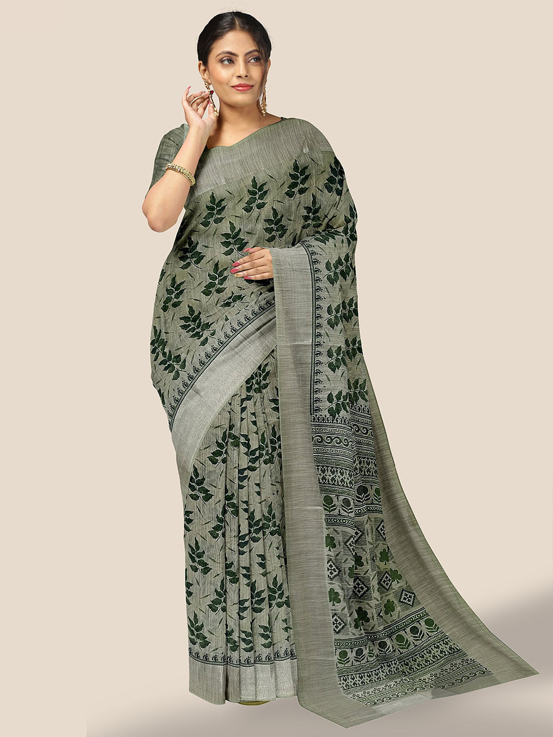 

The Chennai Silks Floral Printed Pure Cotton Saree, Green
