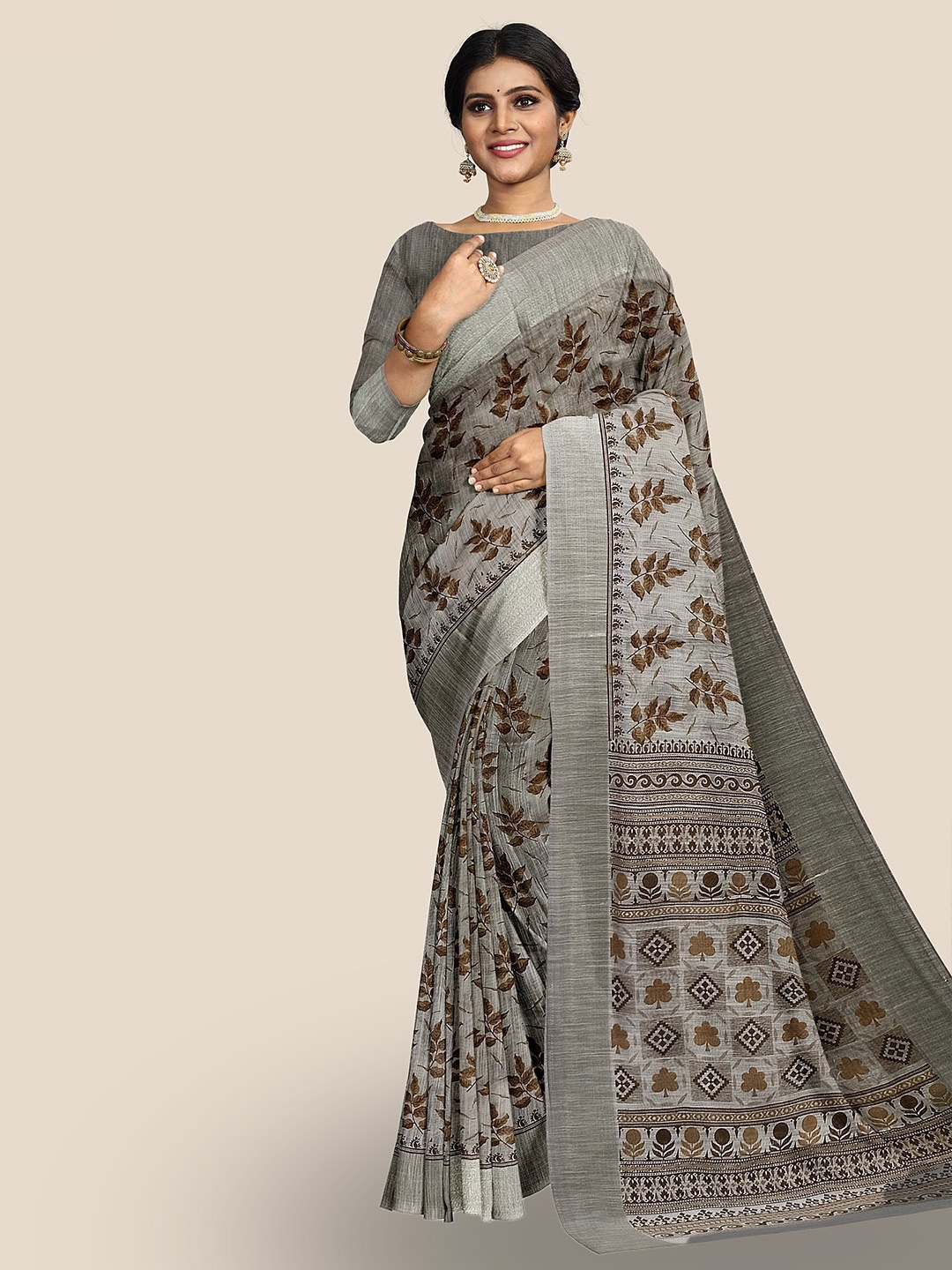 

The Chennai Silks Floral Zari Pure Cotton Saree, Grey