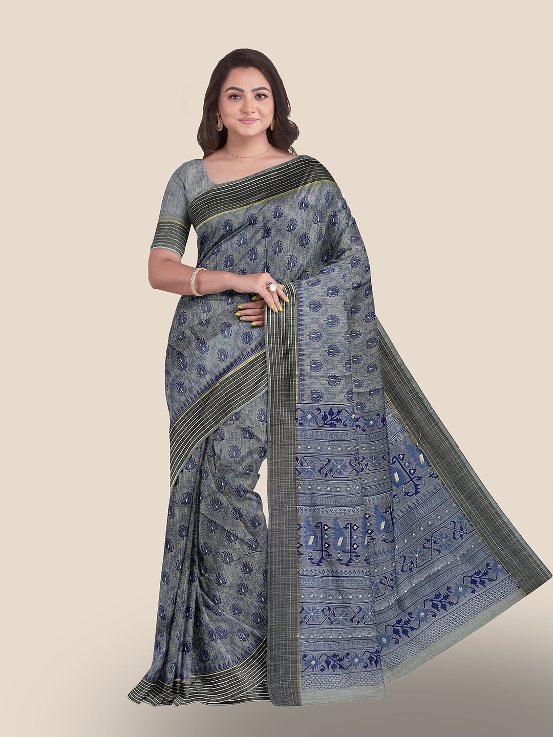 

The Chennai Silks Paisley Pure Cotton Saree, Grey