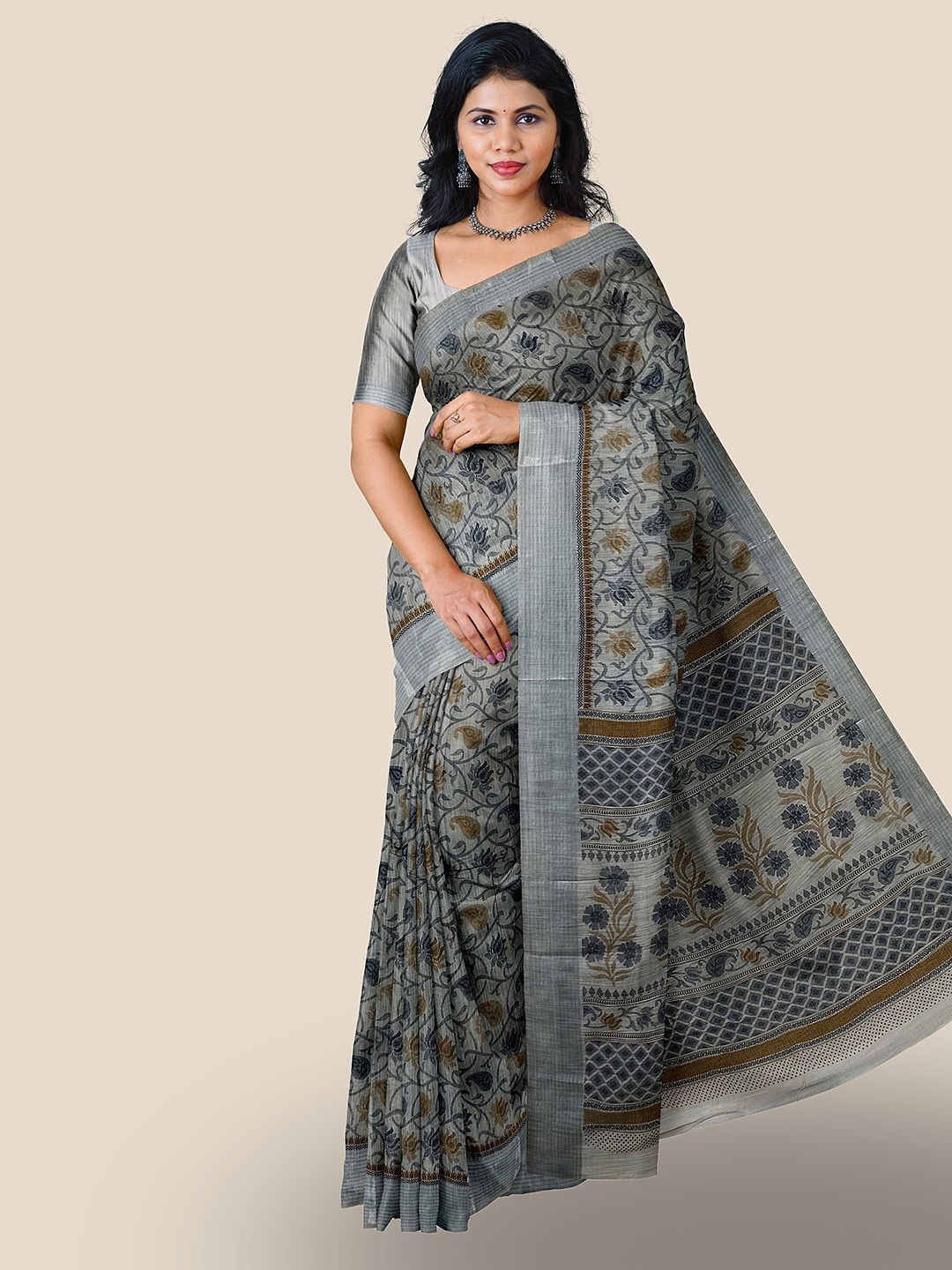 

The Chennai Silks Paisley Pure Cotton Saree, Grey