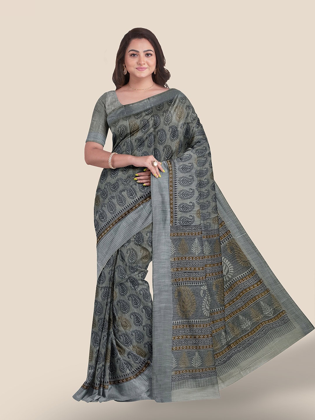 

The Chennai Silks Paisley Printed Pure Cotton Saree, Grey