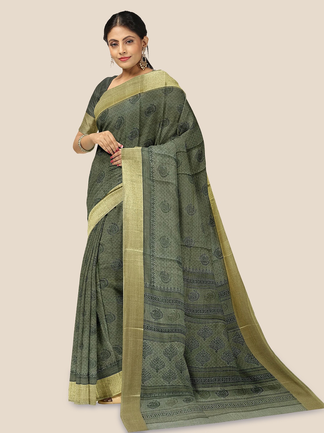 

The Chennai Silks Paisley Printed Zari Pure Cotton Saree, Green