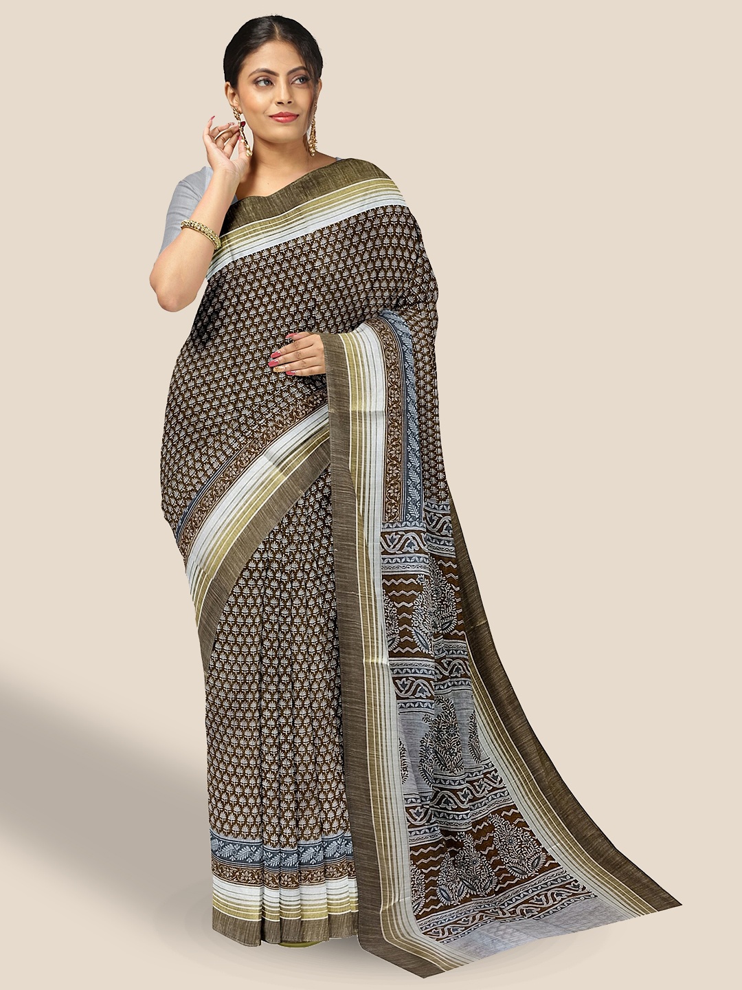 

The Chennai Silks Floral Printed Pure Cotton Saree, Brown