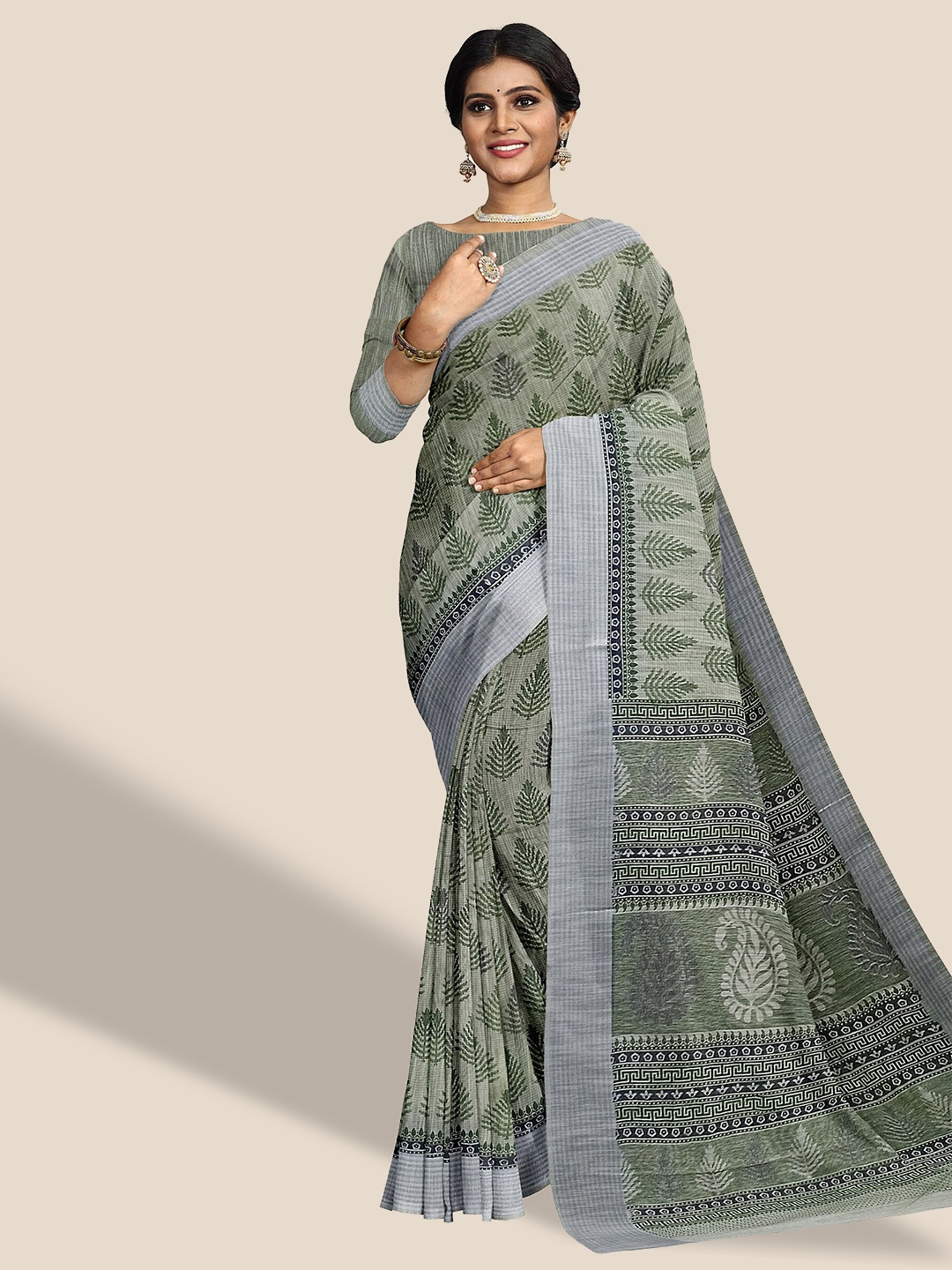 

The Chennai Silks Paisley Printed Pure Cotton Saree, Green