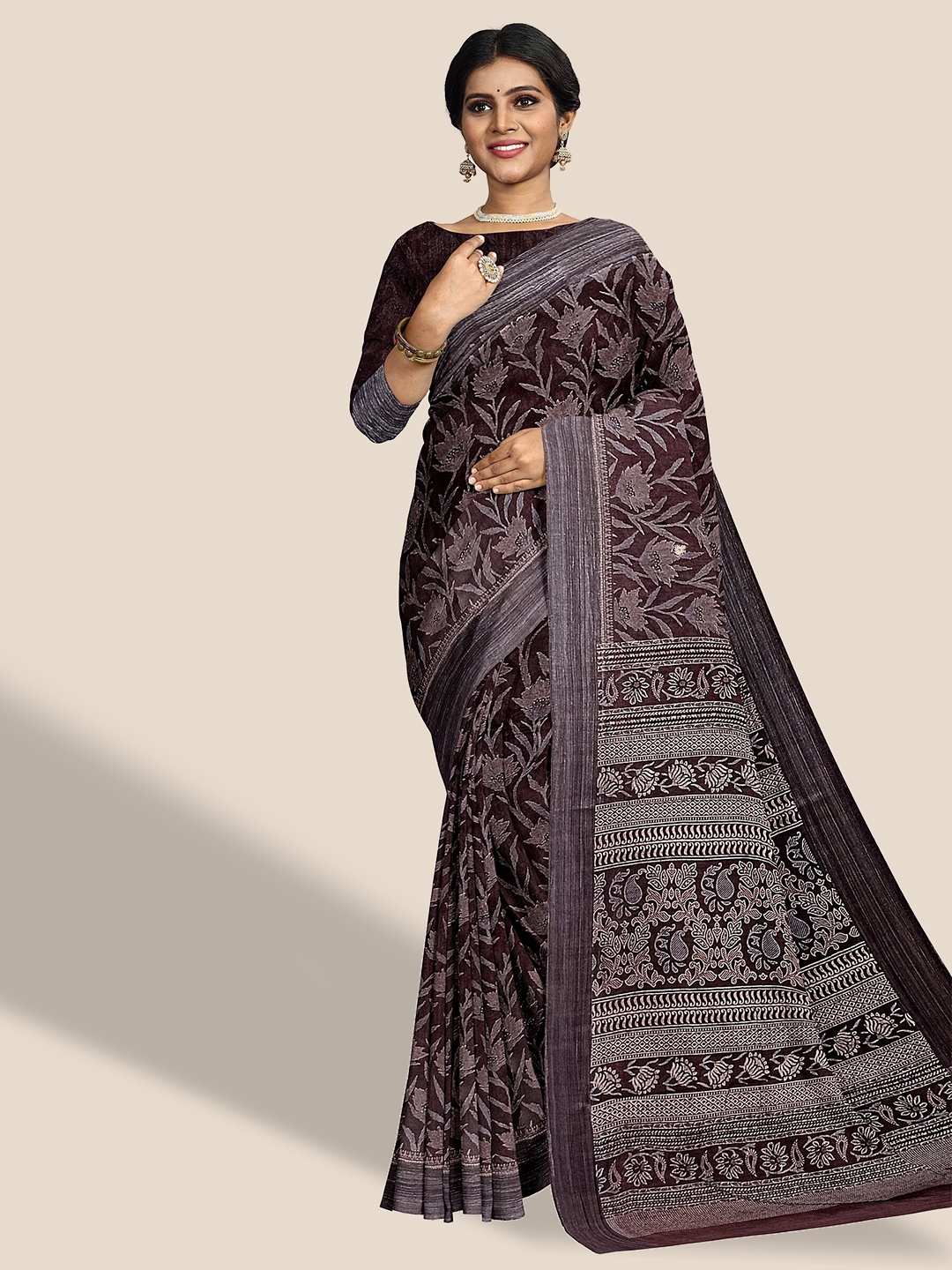 

The Chennai Silks Floral Printed Pure Cotton Saree, Coffee brown