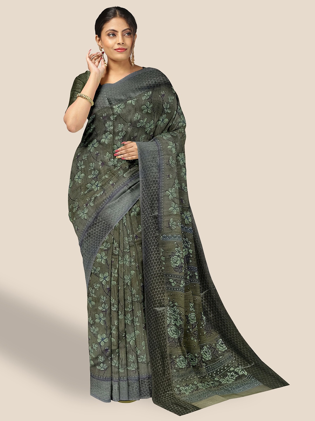 

The Chennai Silks Floral Printed Pure Cotton Saree, Green