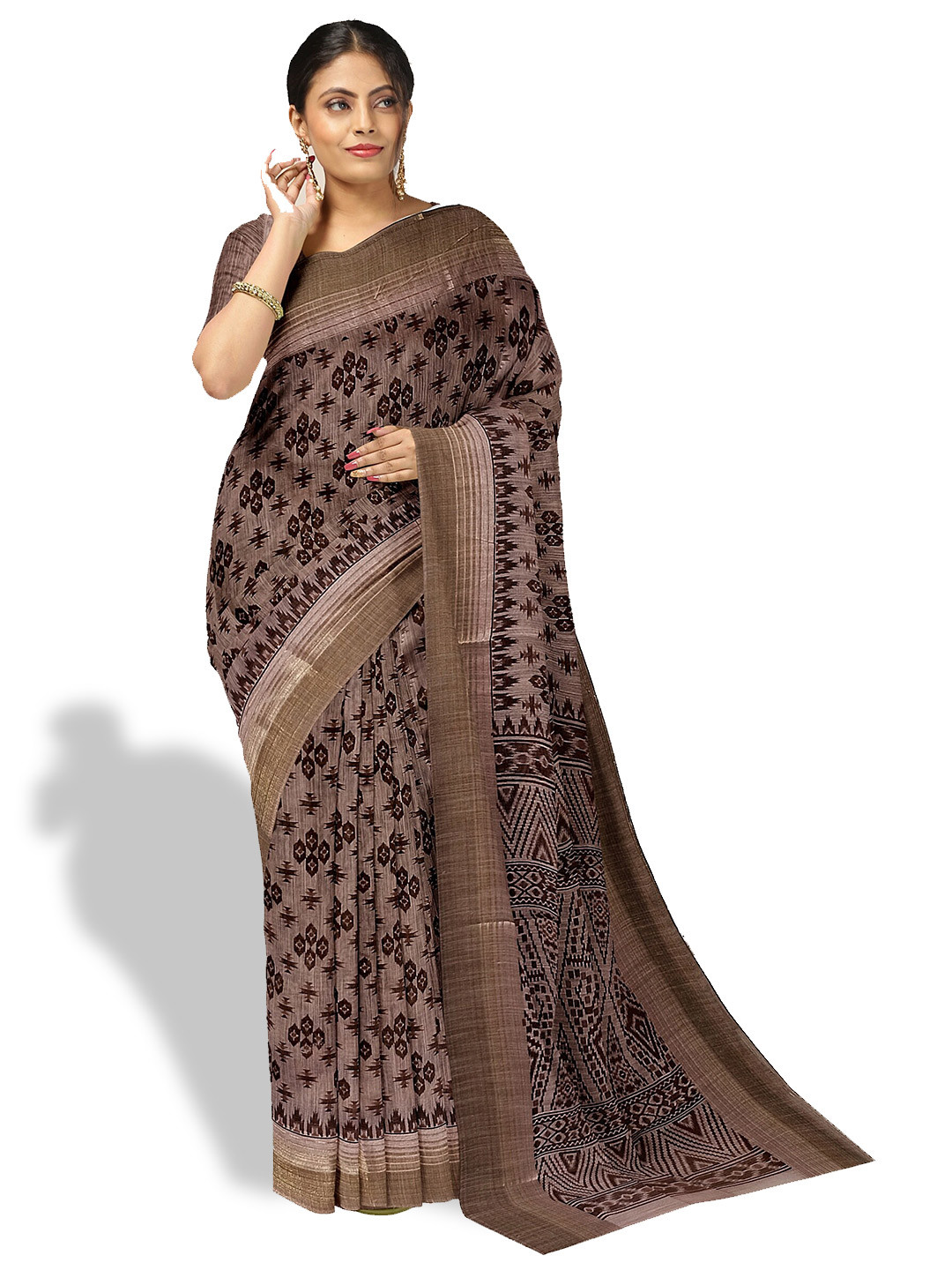 

The Chennai Silks Geometric Printed Pure Cotton Saree, Brown