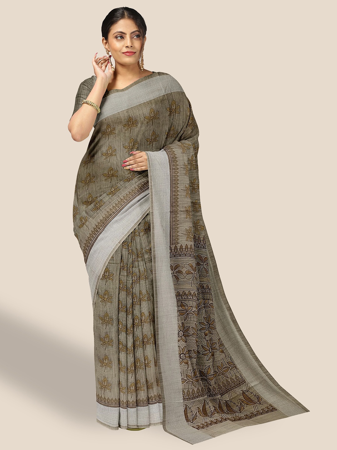 

The Chennai Silks Floral Printed Pure Cotton Saree, Beige